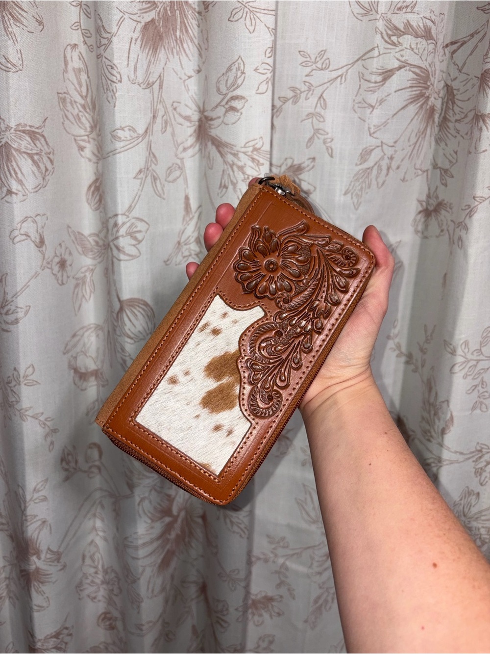 Shyanne Brown Tooled Leather & White Cowhide Zip Wallet